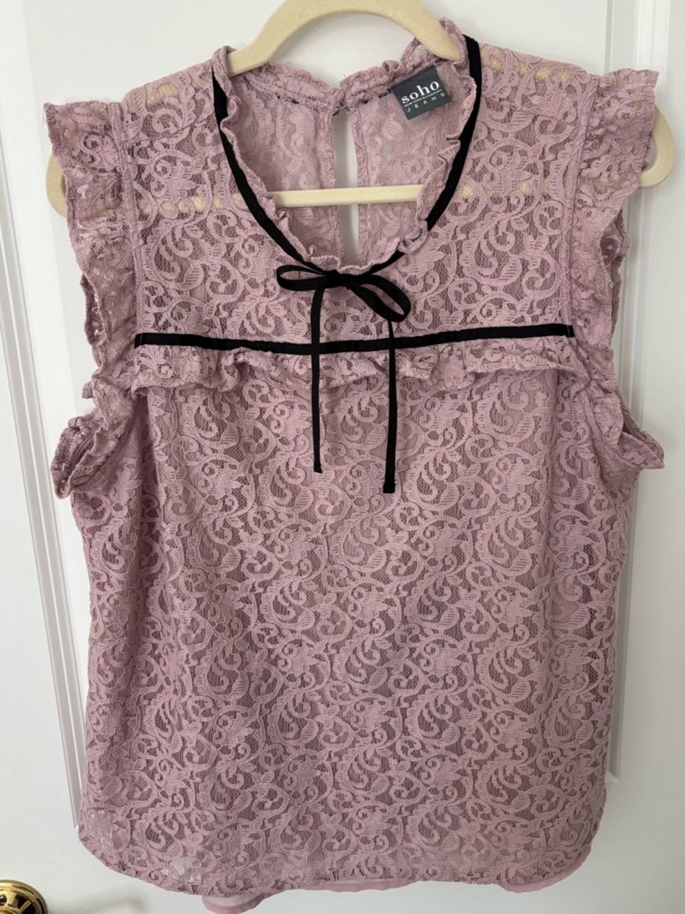 Soho Victorian High Neck Sleeveless Lavender Lace Black Ribbon Neck Tie Shirt L